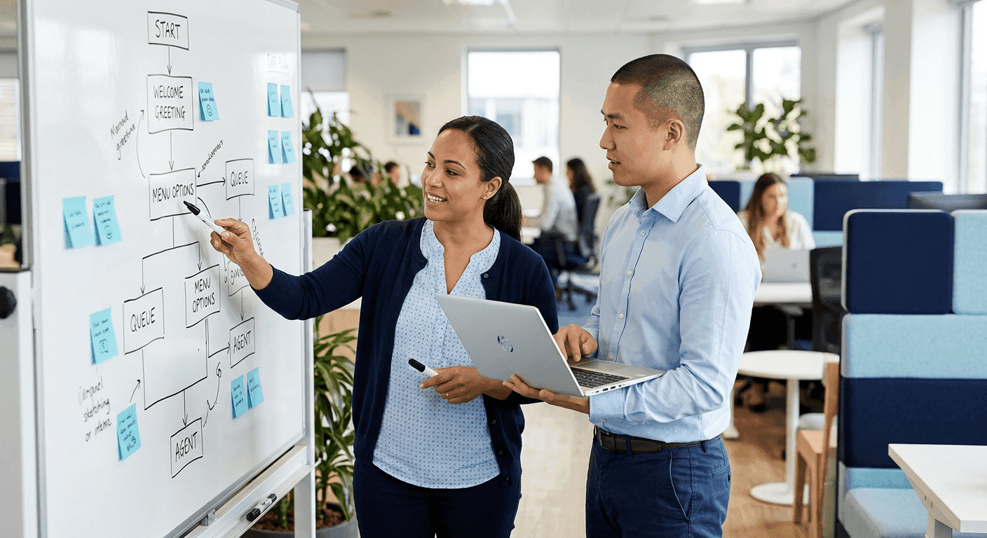 Two consultants sketching an IVR call flow on a whiteboard
