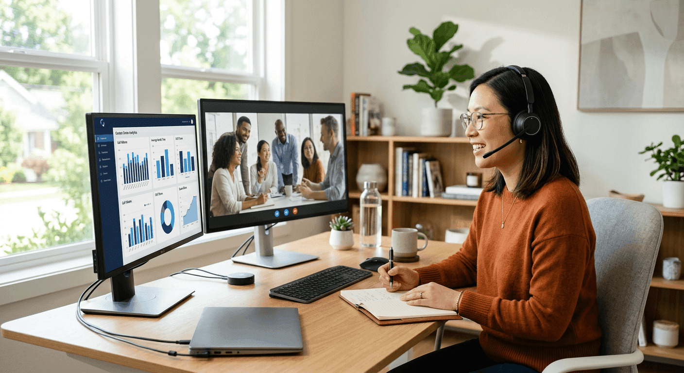 Contact center consultant on a client video call next to a contact center analytics dashboard