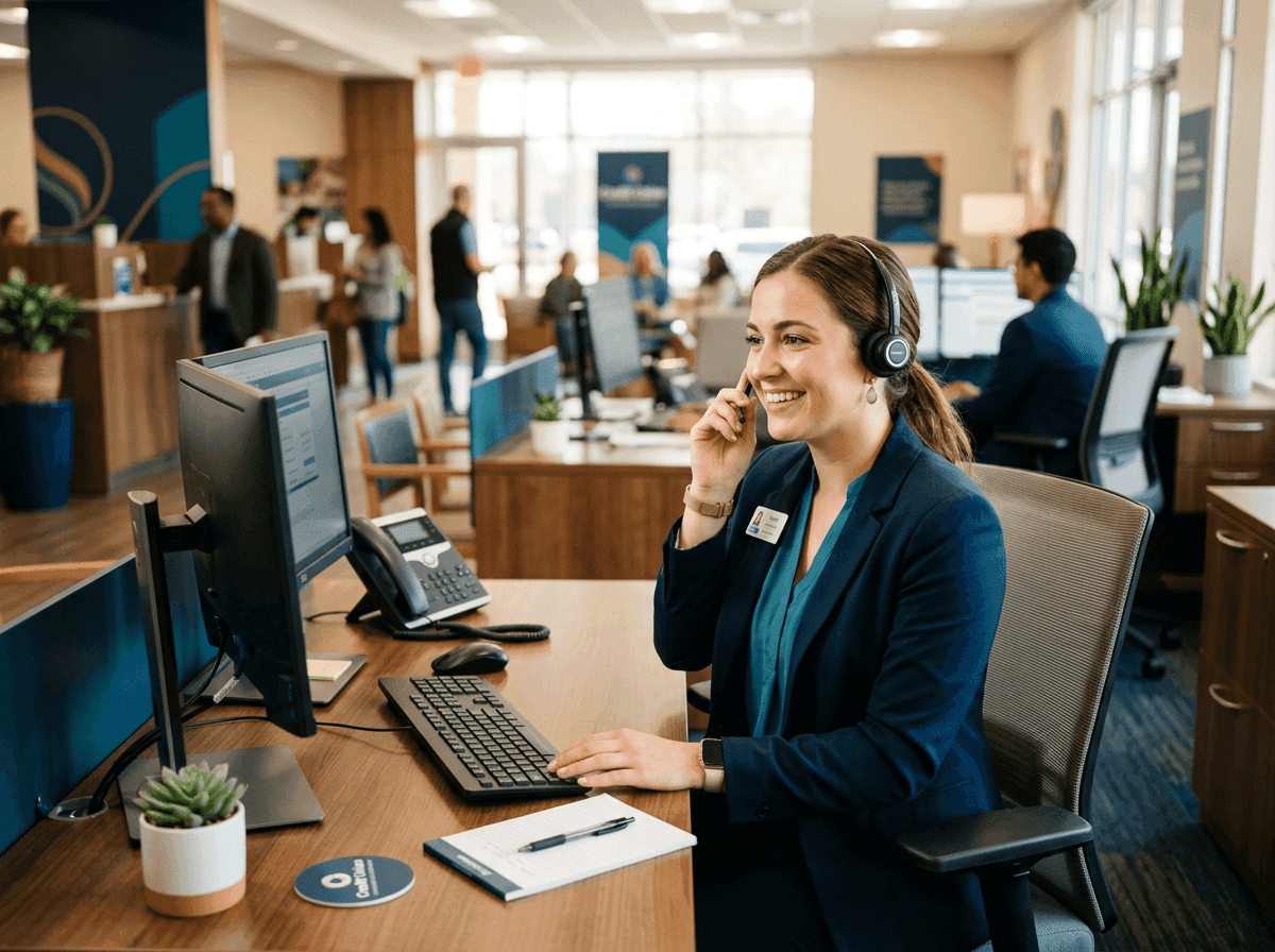 Credit union member service representative with a headset helping a member