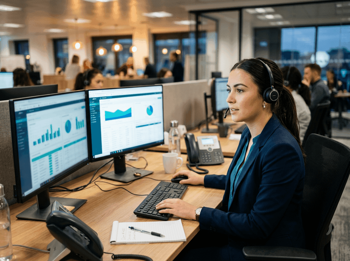 Insurance claims contact center agent with a headset at a dual-monitor desk