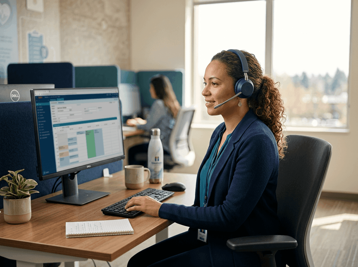 Patient access contact center agent wearing a headset at a scheduling workstation