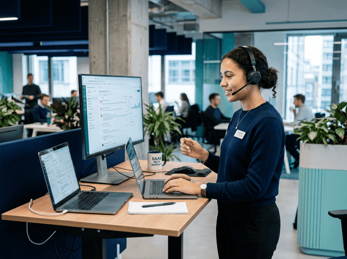 SaaS technical support team member with a headset at a standing desk