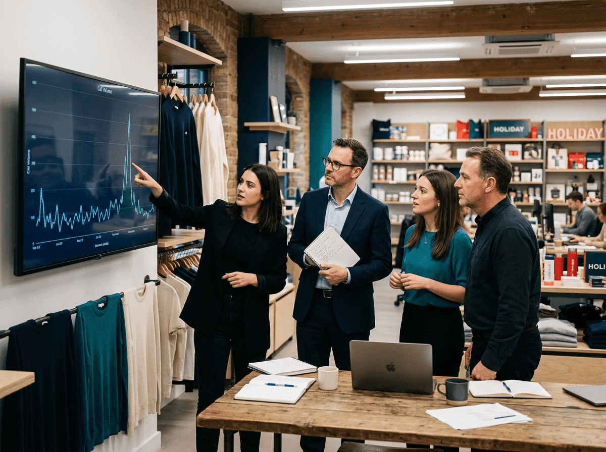 Consultants reviewing a seasonal call volume spike on a large monitor