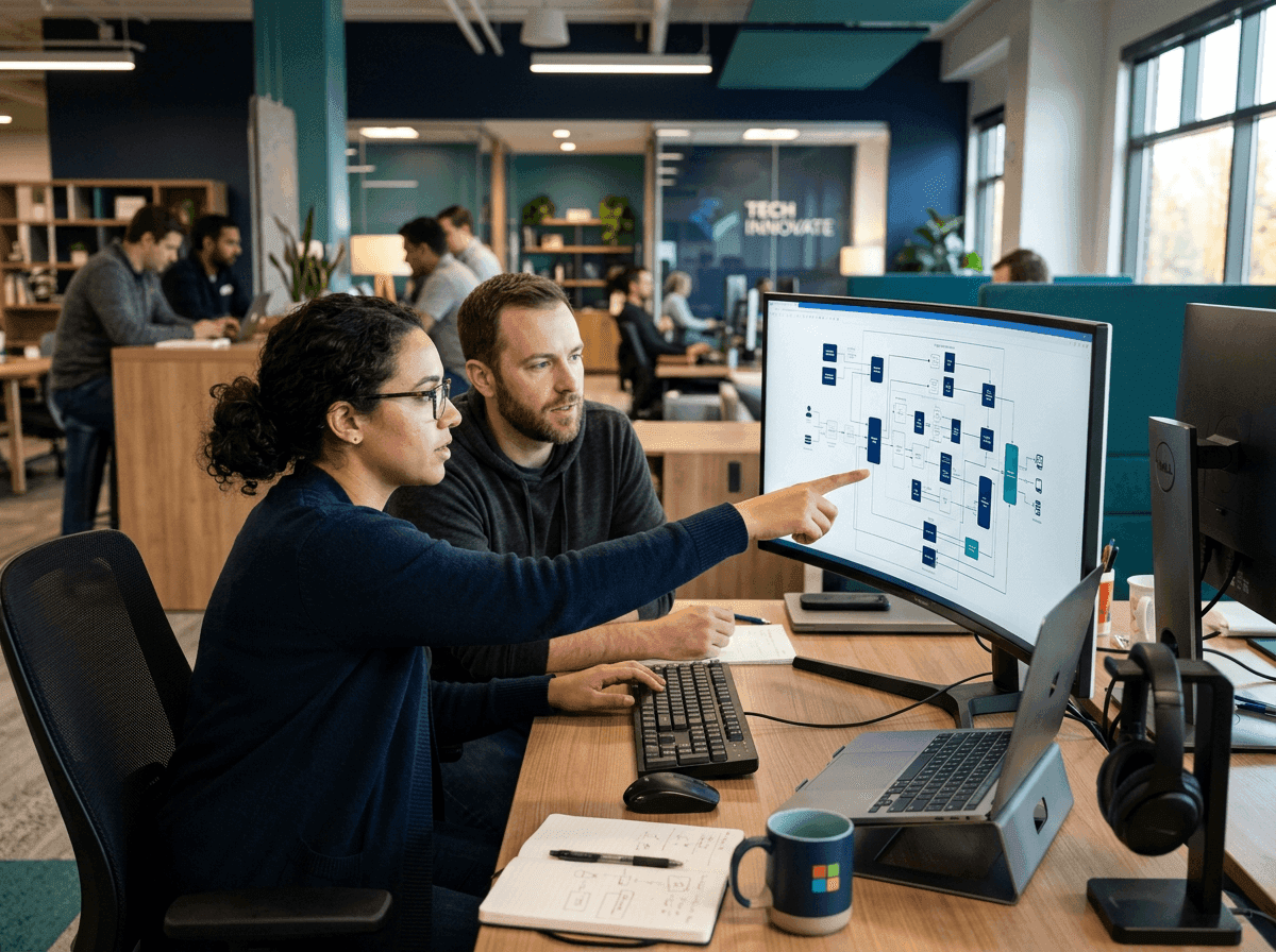 Engineers pair-working on an integration architecture diagram