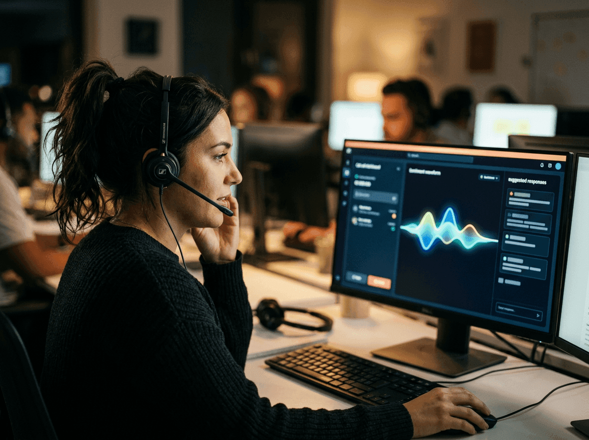 Agent on a live call with a real-time AI assist panel suggesting responses
