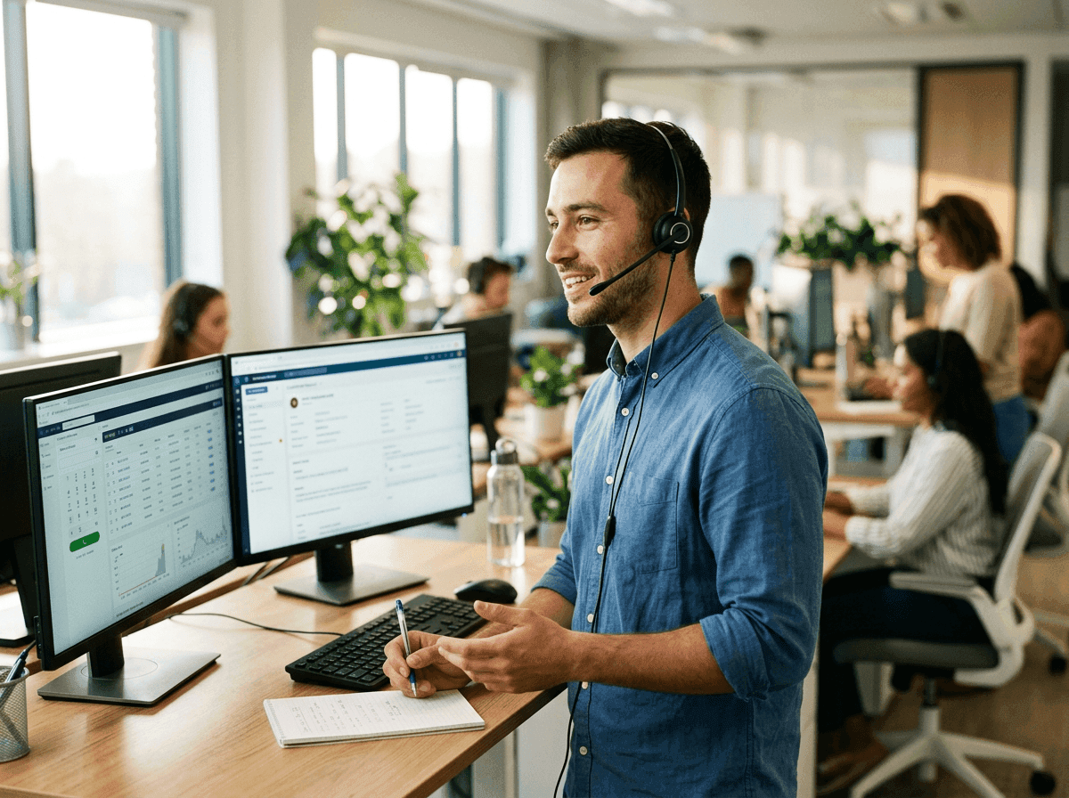Contact center agent on a call with a Five9 dialer queue and CRM record on screen