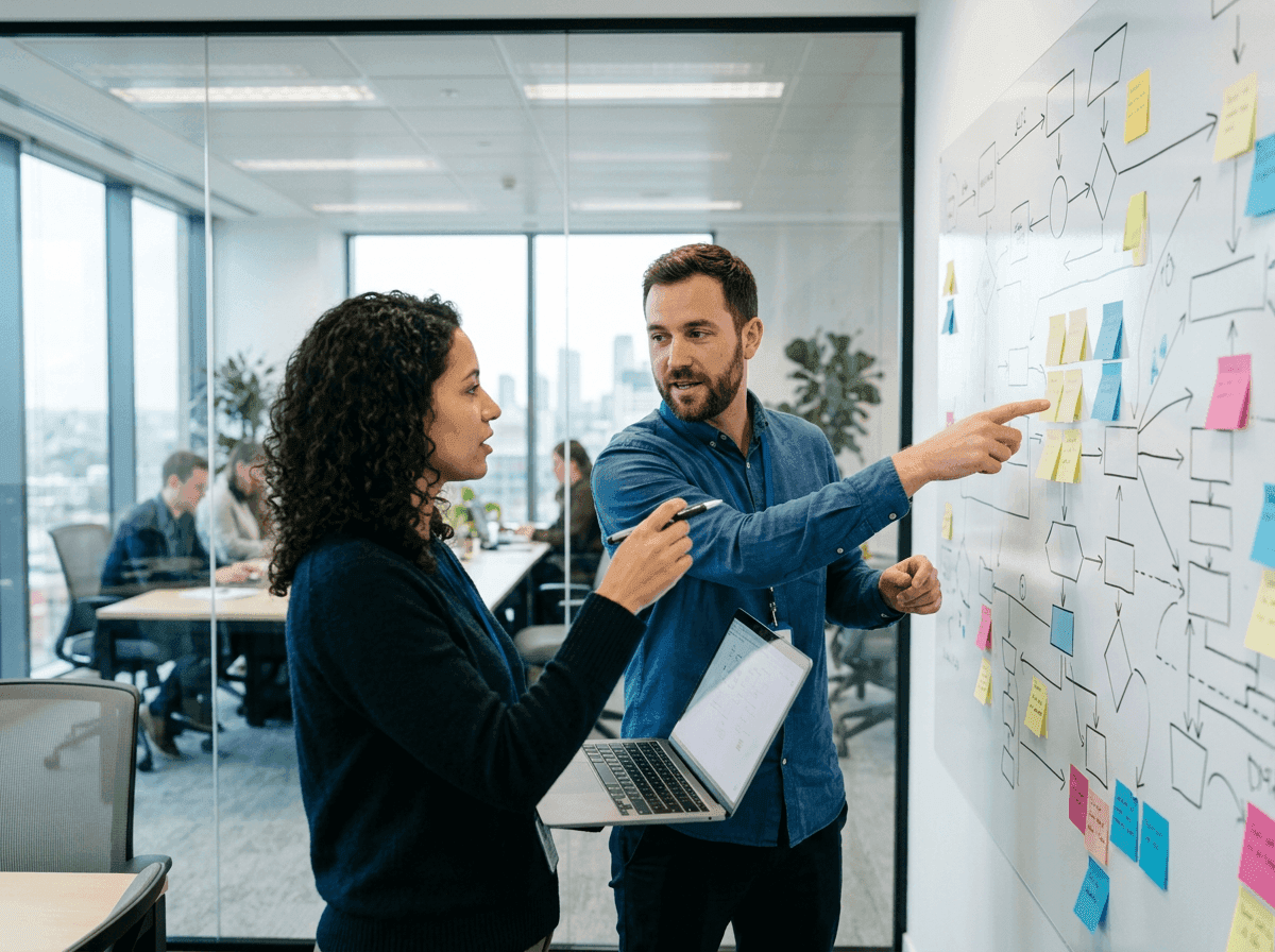 Contact center engineers mapping Genesys Cloud call routing flows on a whiteboard