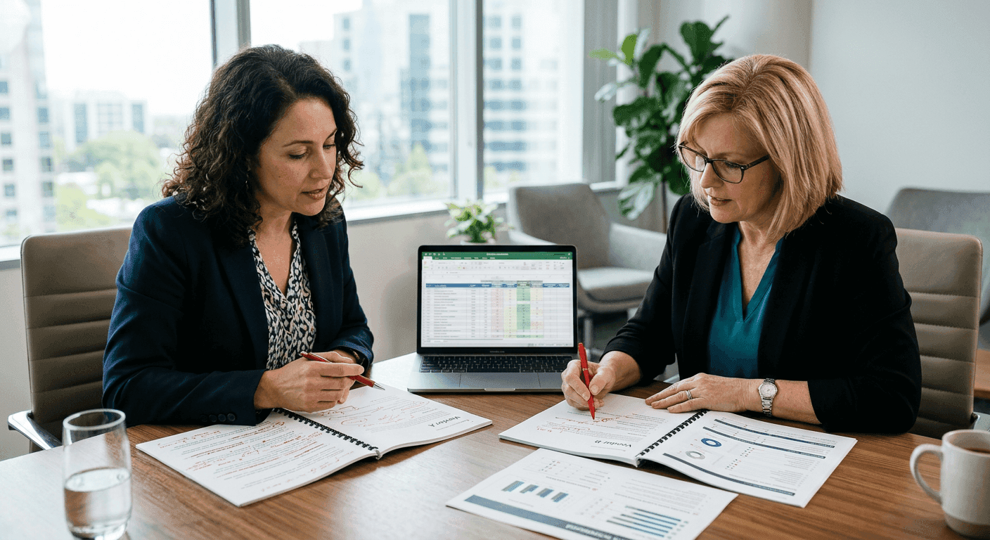 Consultant and operations director comparing two contact center vendor proposals side by side