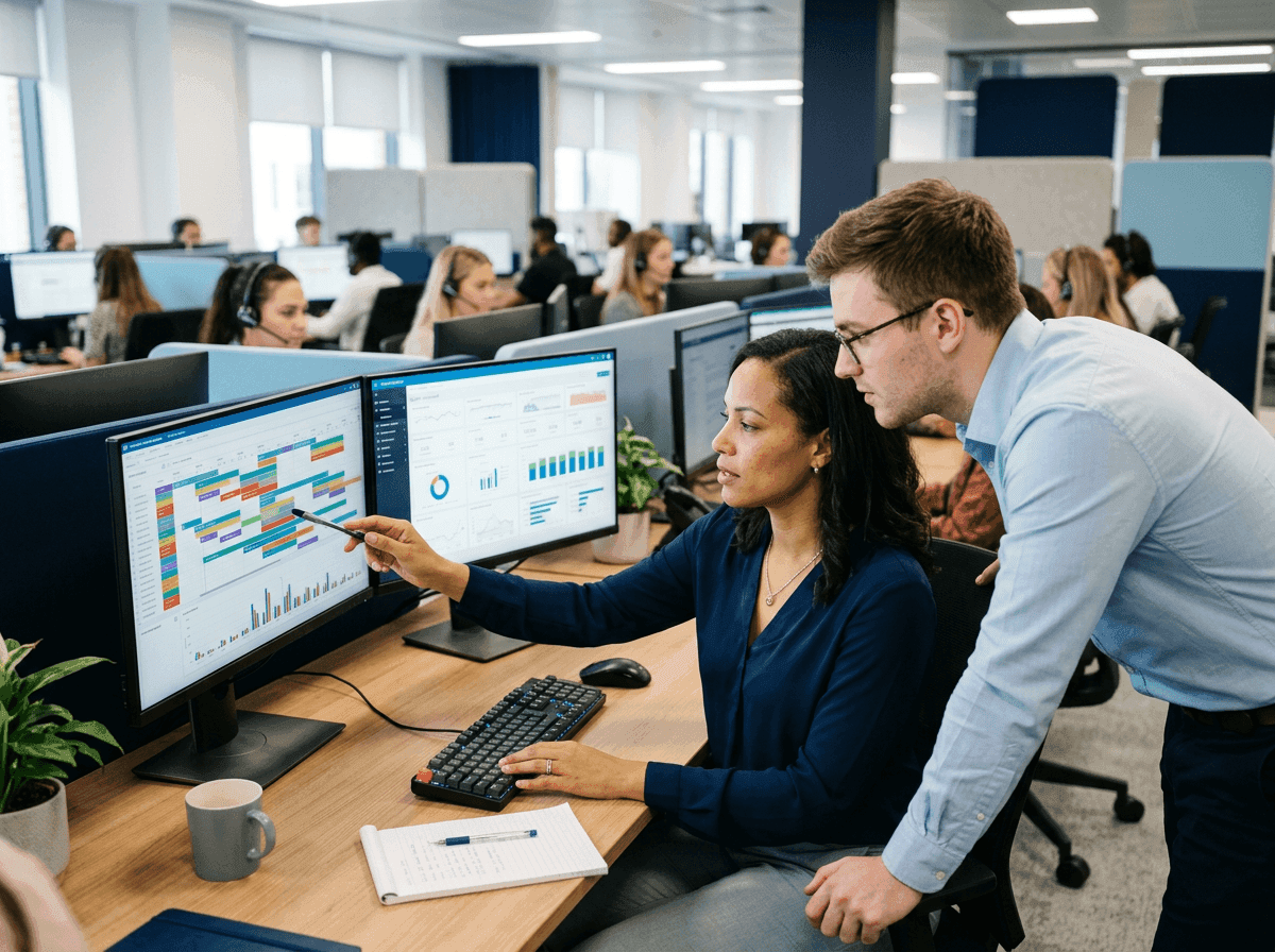 Analyst reviewing workforce management schedules and quality scorecards