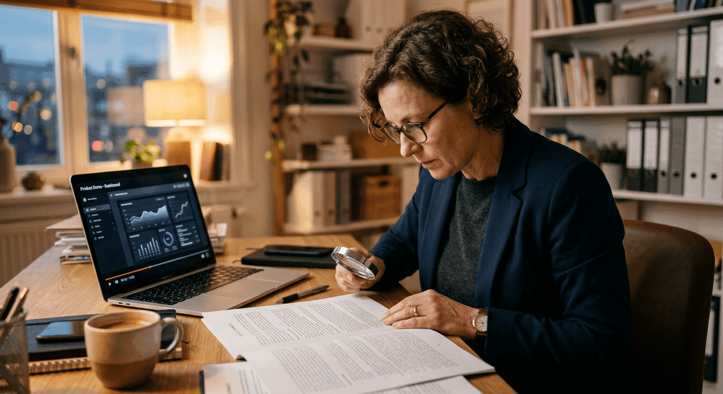 Consultant inspecting the fine print of a software contract with a magnifying glass