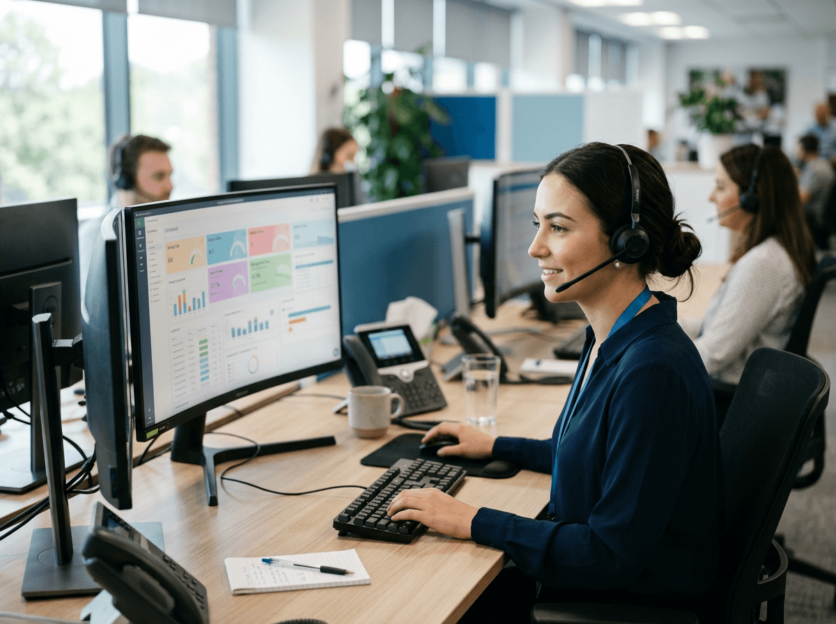 Healthcare contact center representative wearing a headset at a call routing dashboard