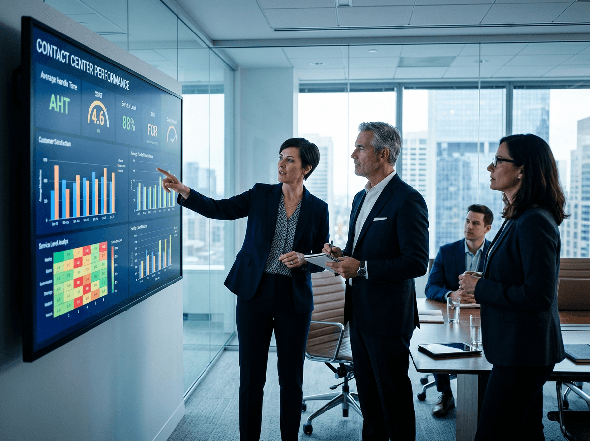 Contact center leaders reviewing a performance dashboard