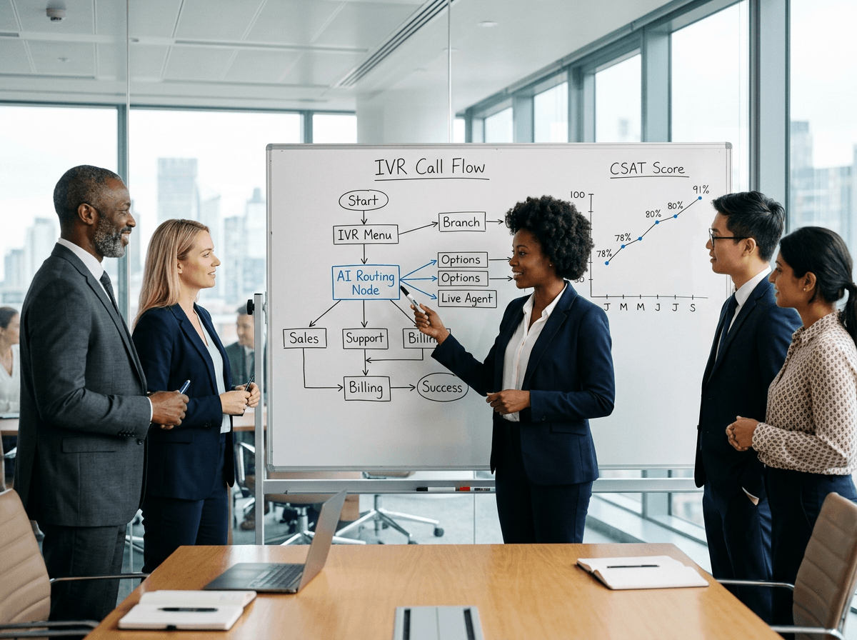 Consultants in a boardroom mapping an IVR and AI call flow and a rising CSAT chart on a whiteboard